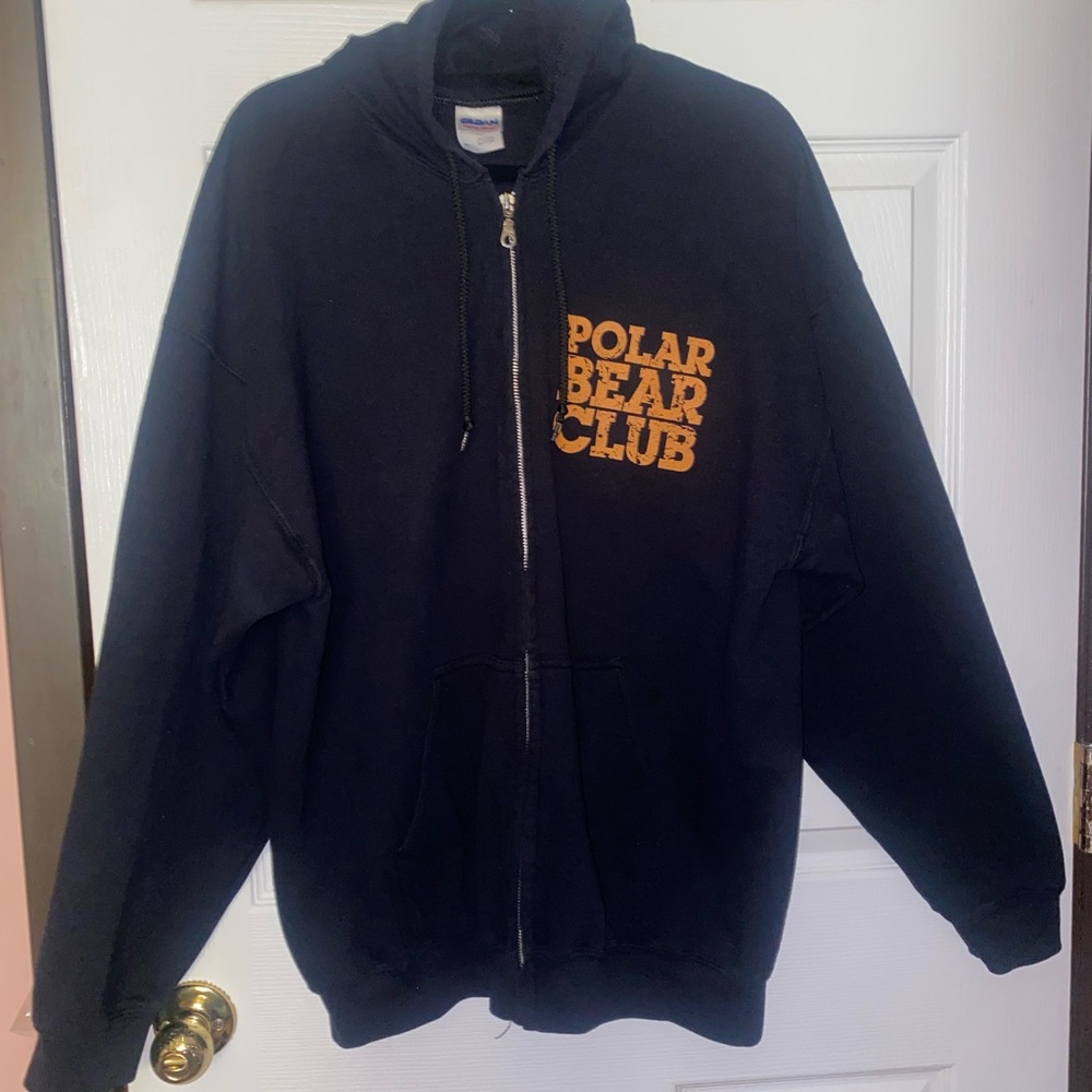 Vintage POLAR BEAR CLUB Men’s Black Zip Up Hoodie with Orange Print